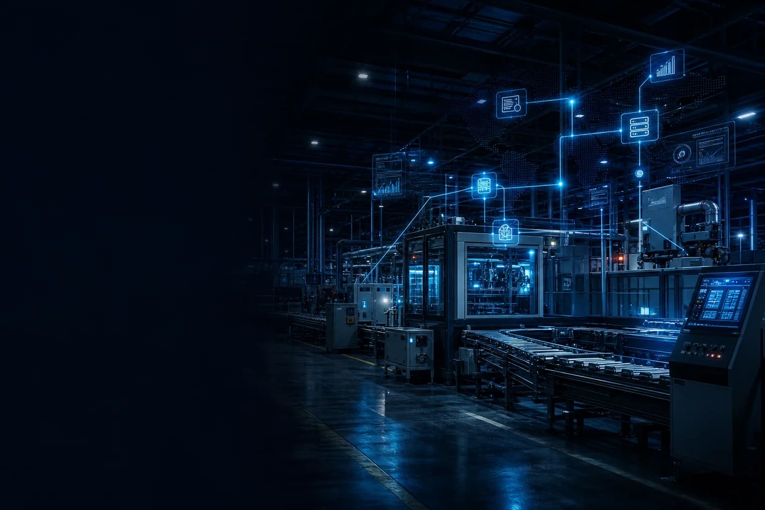 Industrial plant floor with connected operational systems — ERP, MES, and SCADA as one record