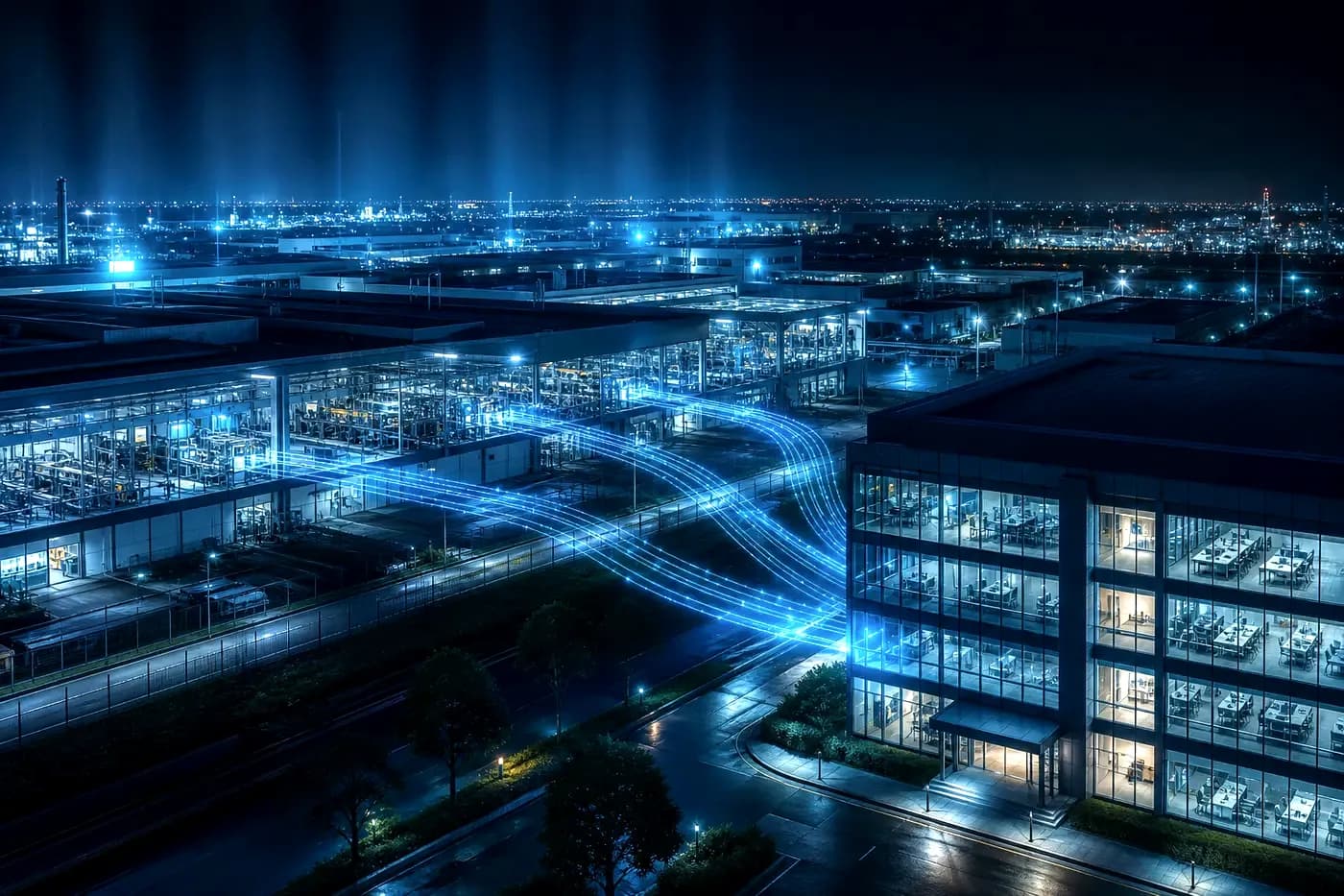 Connected industrial facility representing the Visibility Bots platform